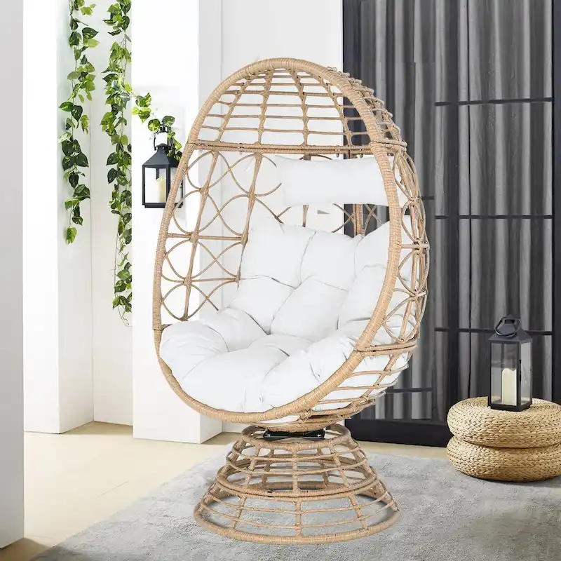 Wicker Swivel Egg Chair Indoor/Outdoor Lounger with Cushion
