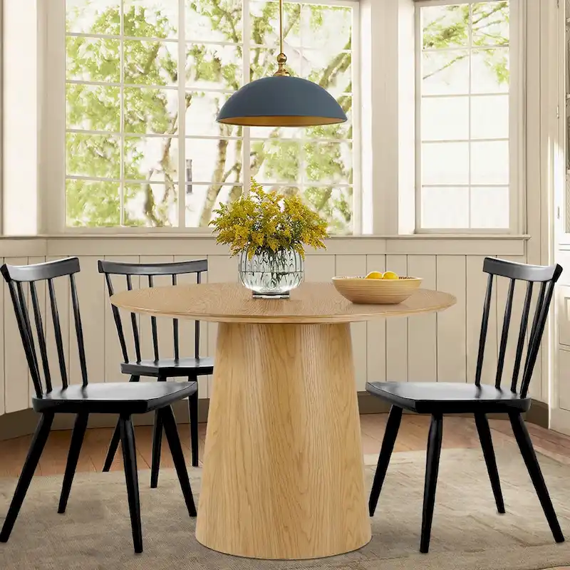 Round Pedestal Dining Table - Black/Natural, White Oak Veneer, Seats 4