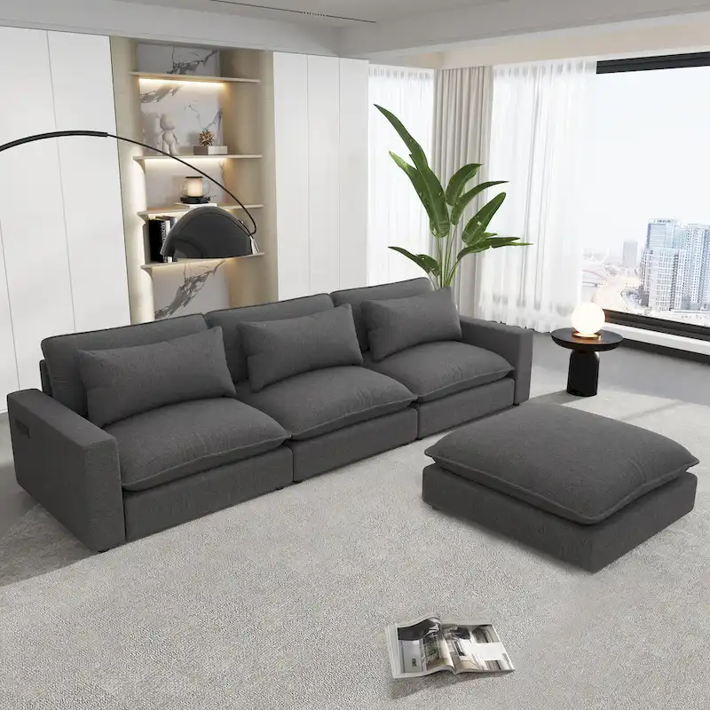 Sectional Sofa Cloud Sofa, Chenille Upholstered Sofa Couch with Movable Ottoman Charging Ports and 3 Back Pillows