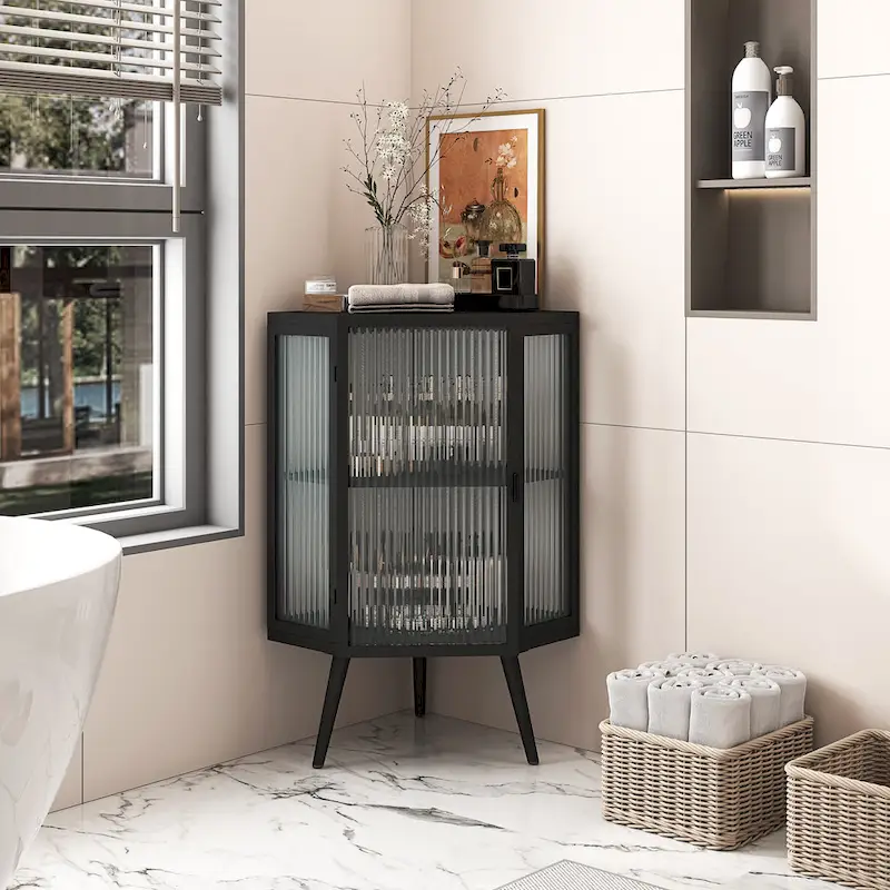 White / Black Metal Corner Floor Cabinet, Single Door, 2-Shelf