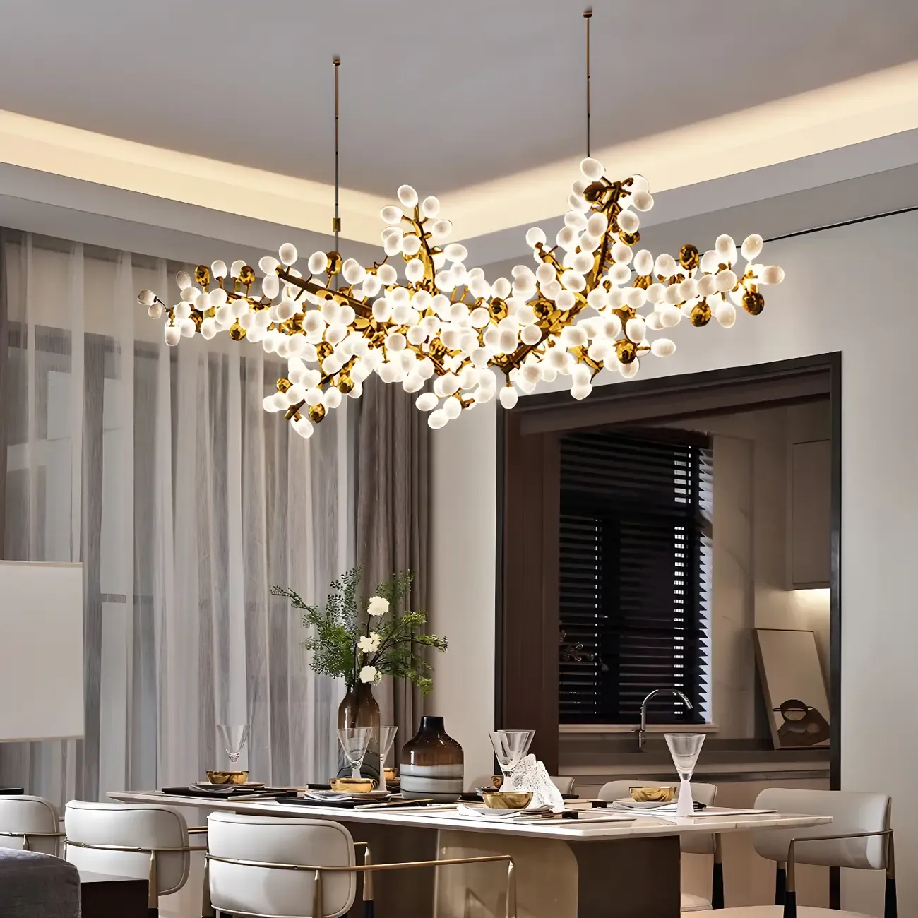 1 Tier Gold Branch White Glass Oval Cluster Pendant Light