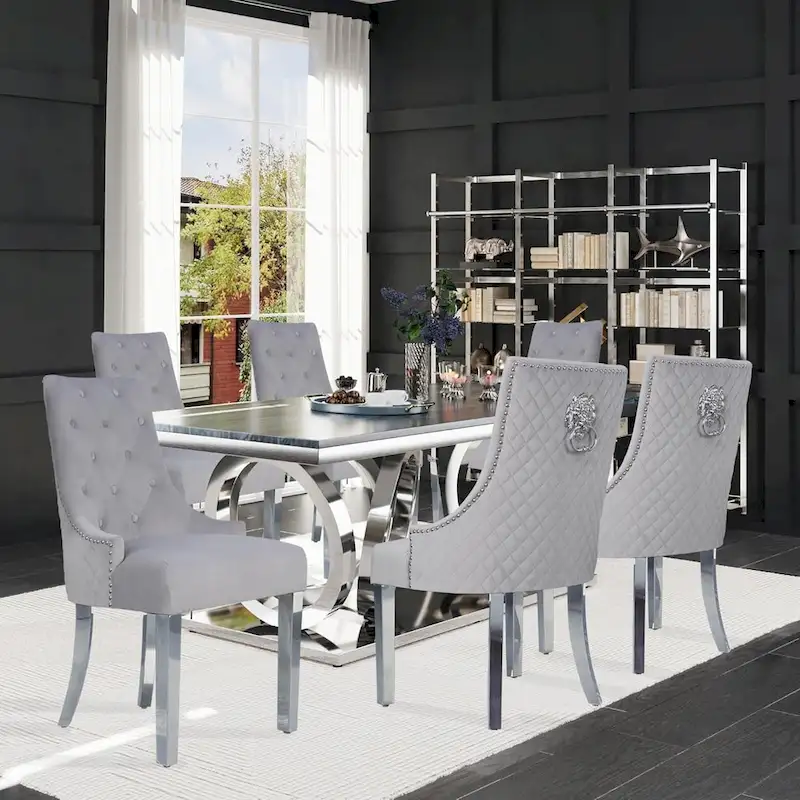 Velvet Dining Chairs Set of 2, Upholstered Tufted Nailhead Dining Room Chairs with Stainless Steel Legs & Lion Head Pull Ring