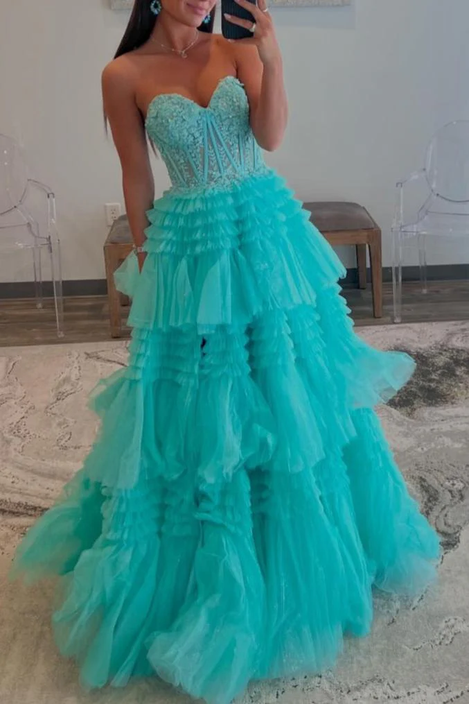 A-Line Sweetheart Tiered Long Tulle Prom Dress