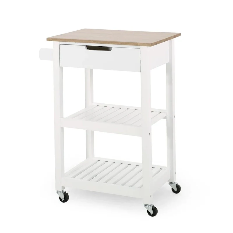 Compact Wooden Kitchen Cart with Wheels Shelves and Drawer by
