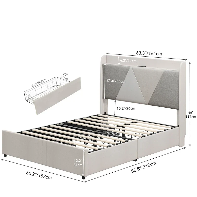 Beige / Grey Wingback Bed Frame with 4 Storage Drawers — Queen & King