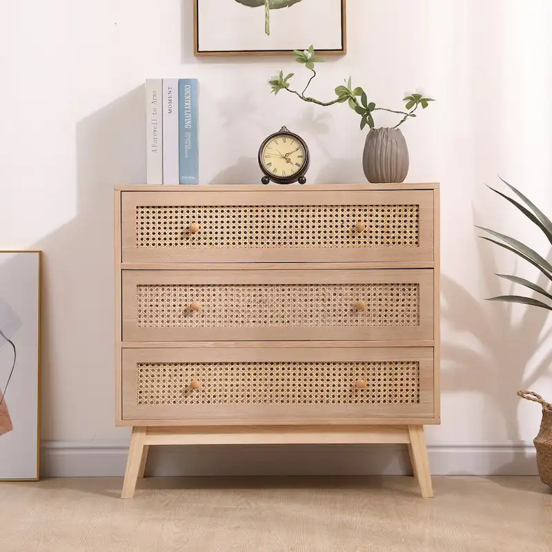 31.5 3-Drawers Rattan Storage Cabinet Rattan Drawer,for Bedroom,Living Room,Natural