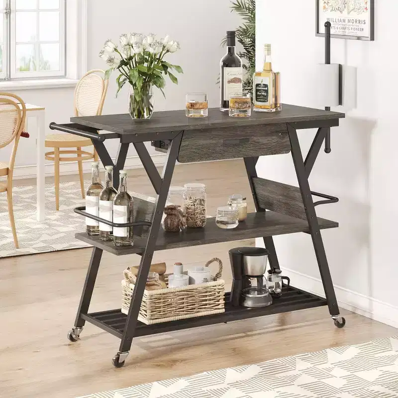 Rustic Brown / Vintage Dark Grey Rolling Kitchen Cart with 3-Tier Shelf, Lockable Wheels