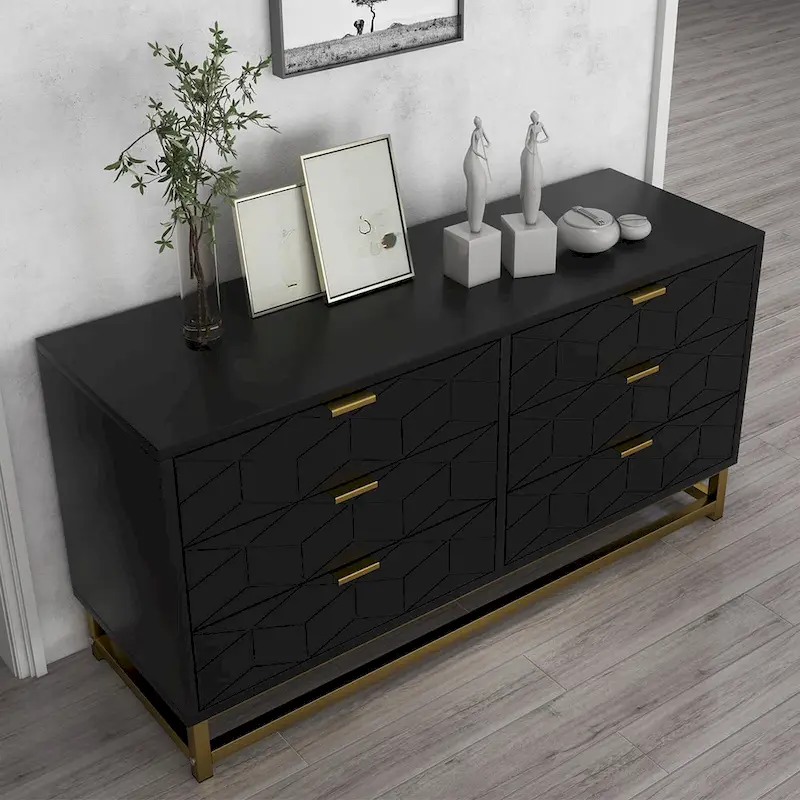 6-Drawer Dresser with Gold Metal Legs - White Wood