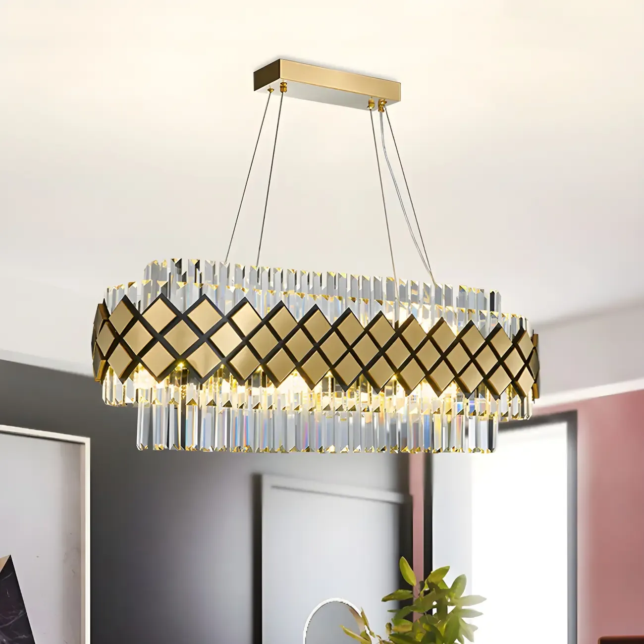 16-Light Modern Gold Crystal Oval Island Pendant Light for Kitchen