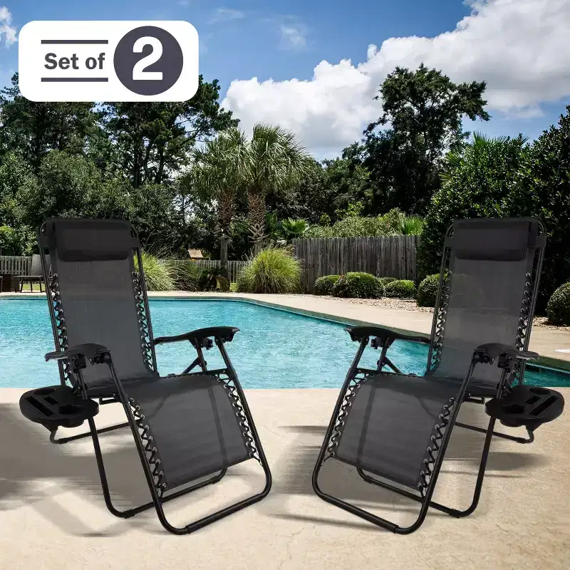Set of 2 Zero Gravity Outdoor Chairs with Side Tables, Cupholders, Phone, and Tablet Holder and Chair Pillow by Lavish Home
