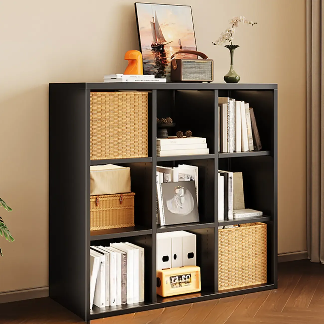 Modern Steel Cube Bookcase with Fabric Bins