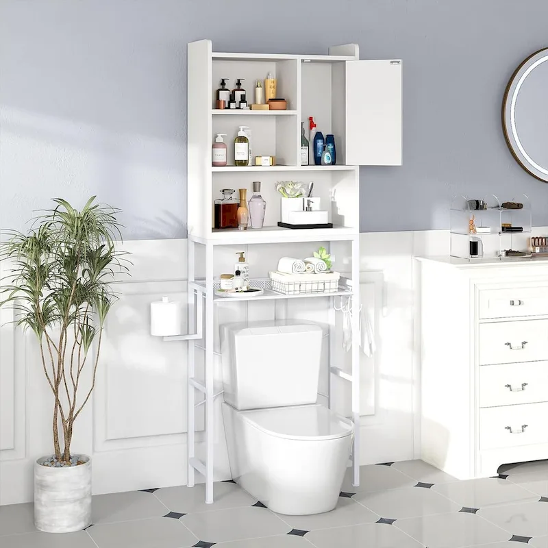 Brown/White Over-Toilet Storage Cabinet, 4 Shelves + Door, 1-Person Assembly