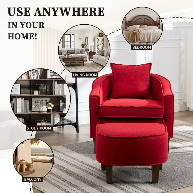 Linen/Polyester Upholstered Mid Century Barrel Chair with Ottoman