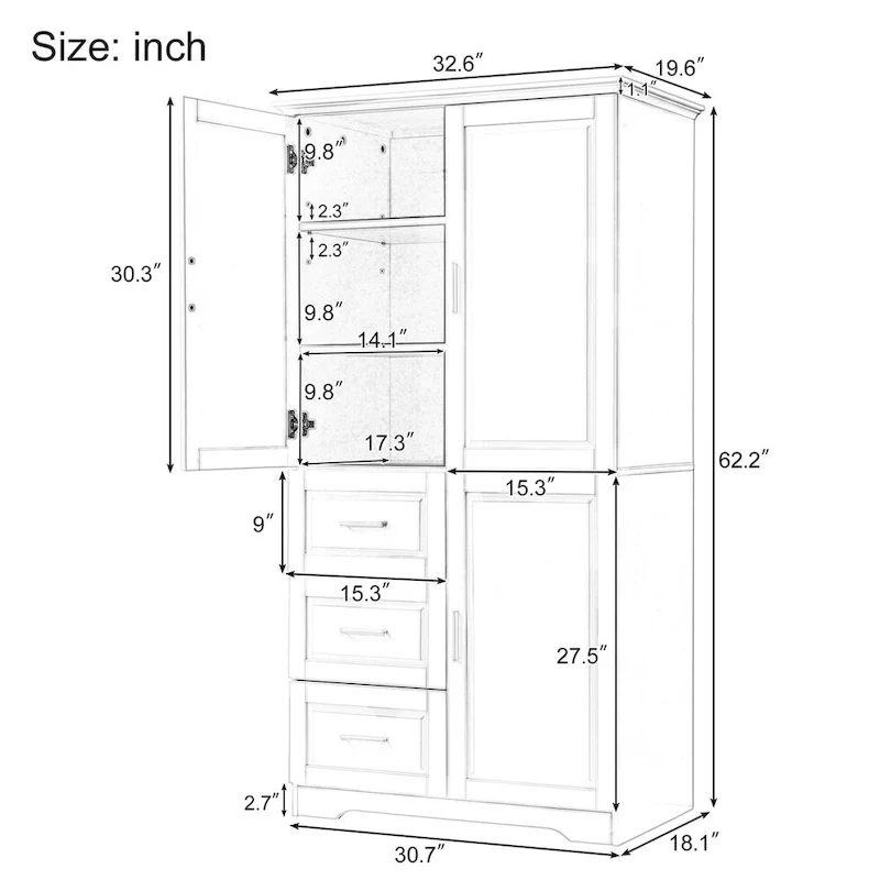 Tall and Wide Storage Cabinet with Doors for Bathroom,Three Drawers