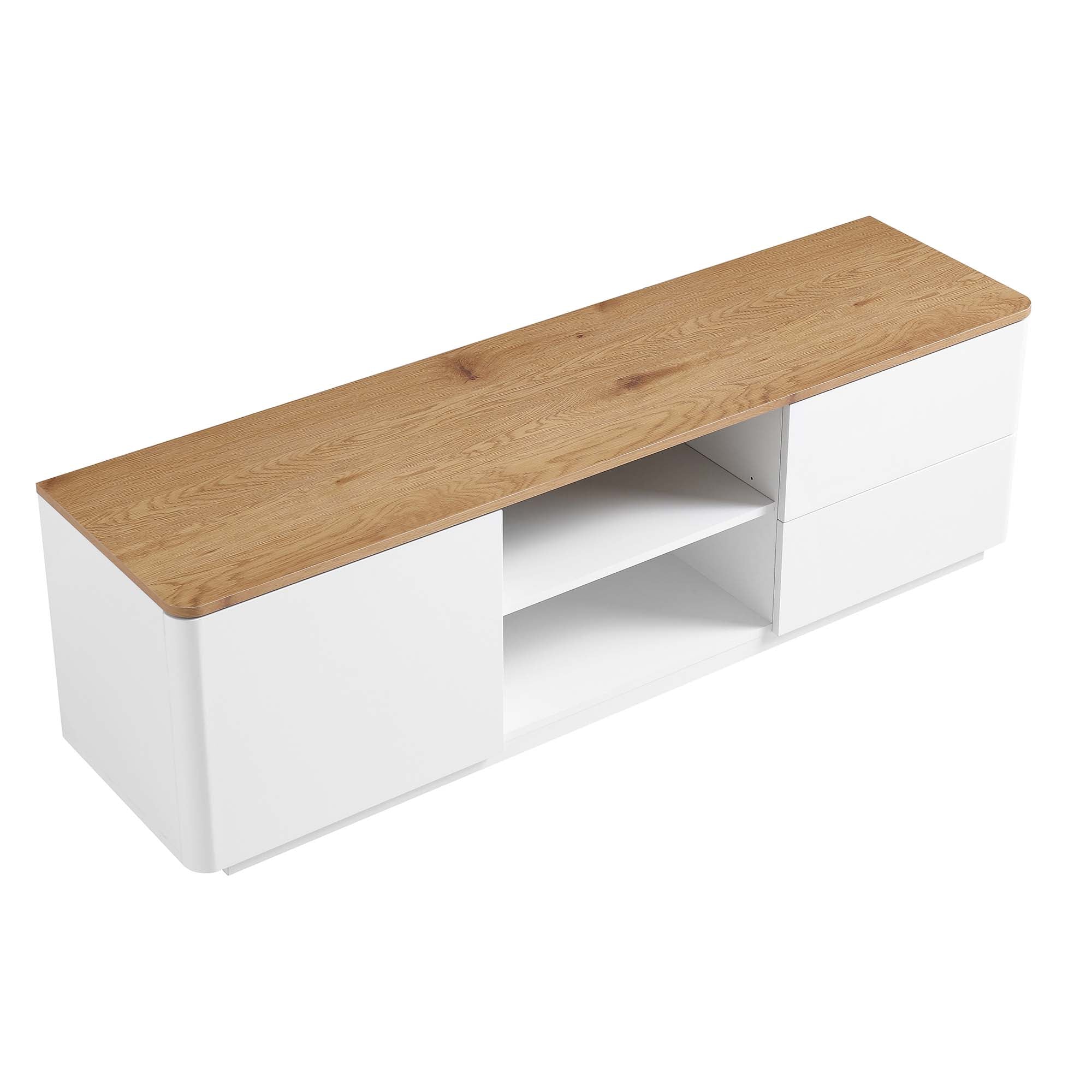 Curved Edge 59in. Wide TV Unit, Off White with Oak Top