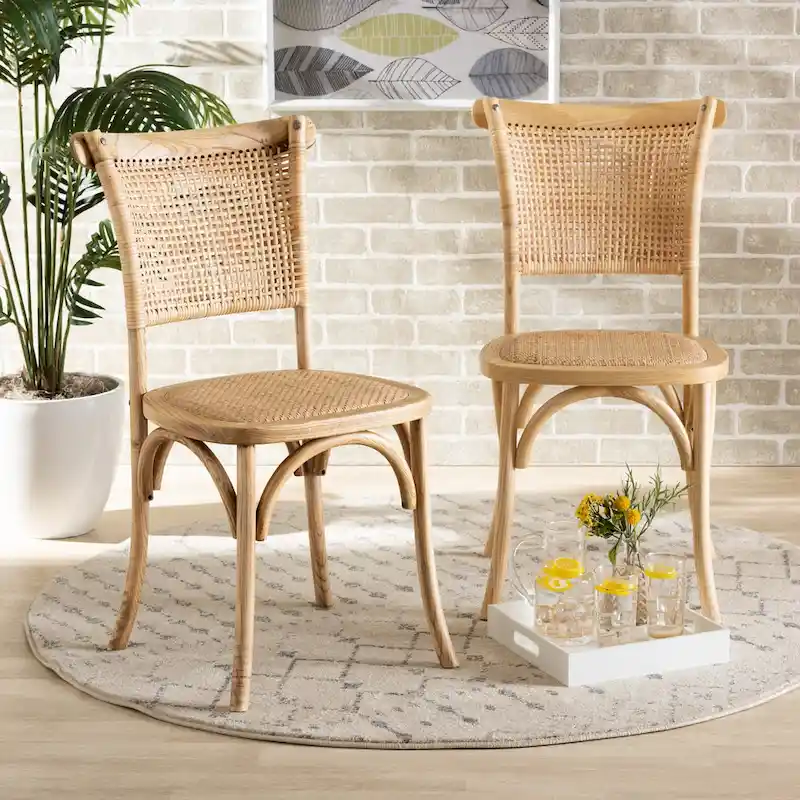 Mid-Century Woven Rattan and Natural Wood Dining Chair Set (2PC)