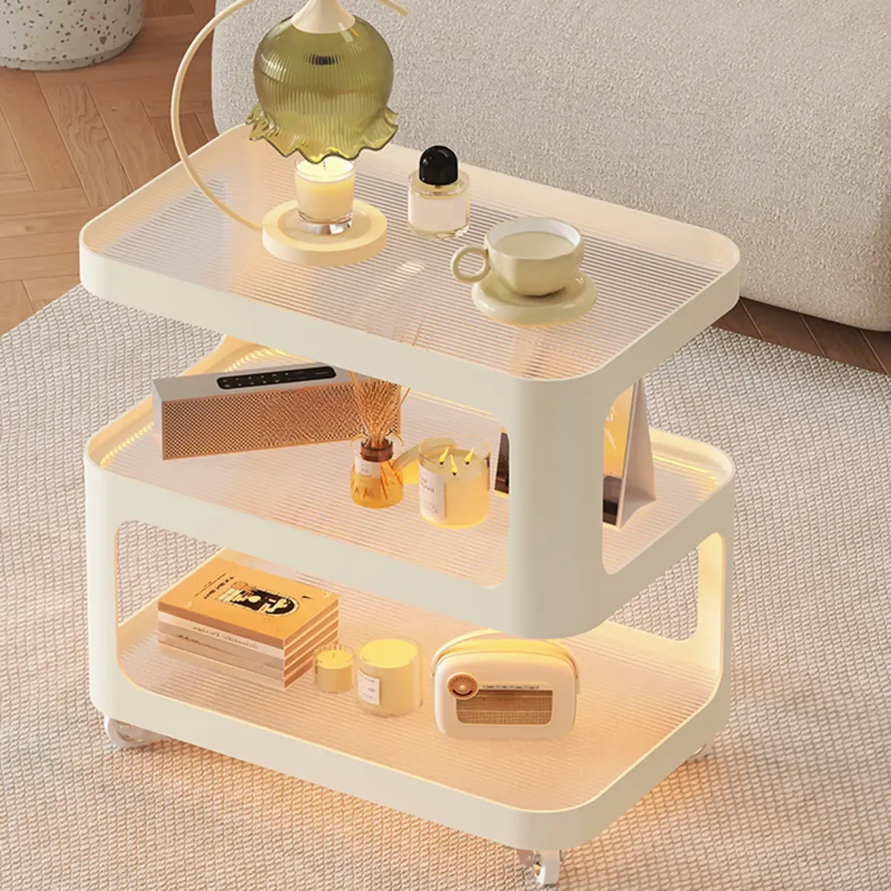 Modern White Glass Shelf 3-Tier Rolling Side Table