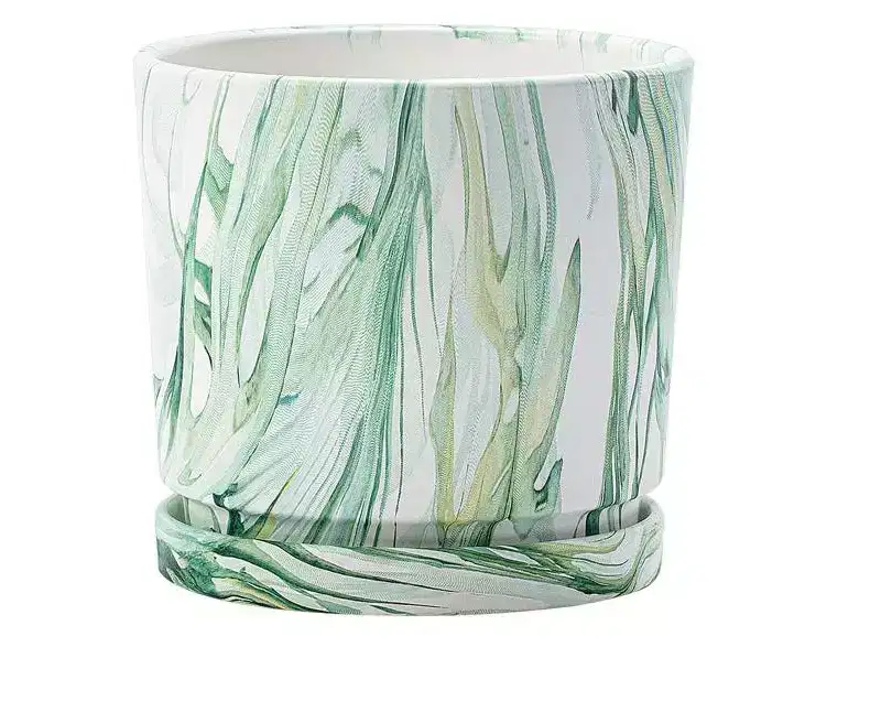 Napco Faux Marbled Pattern 6 x 6 x 5.5 inches Kelly and Hunter Green Ceramic Flower Succulent Plant Pot Planter Container Holder with Saucer Tray,