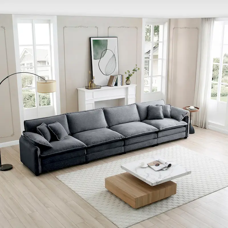Grey 150 Corduroy 4-Seater Modular Sectional Sofa, 6 Pillows