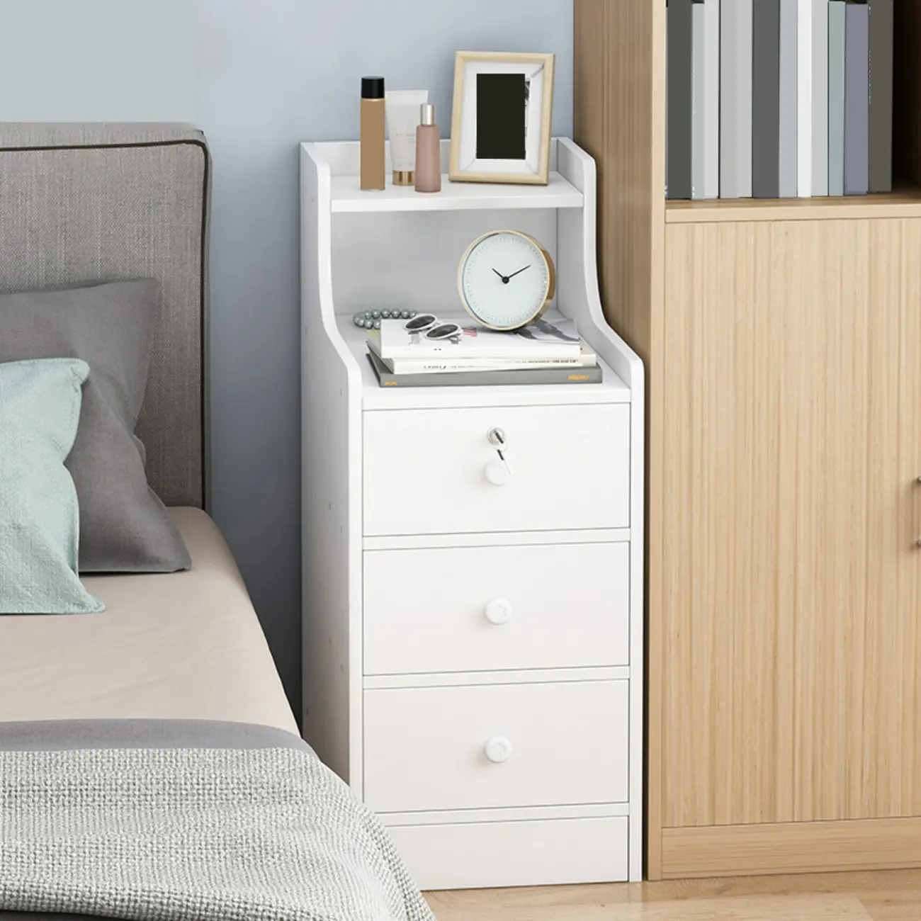 Narrow White Wood Nightstand with Drawers & Shelf