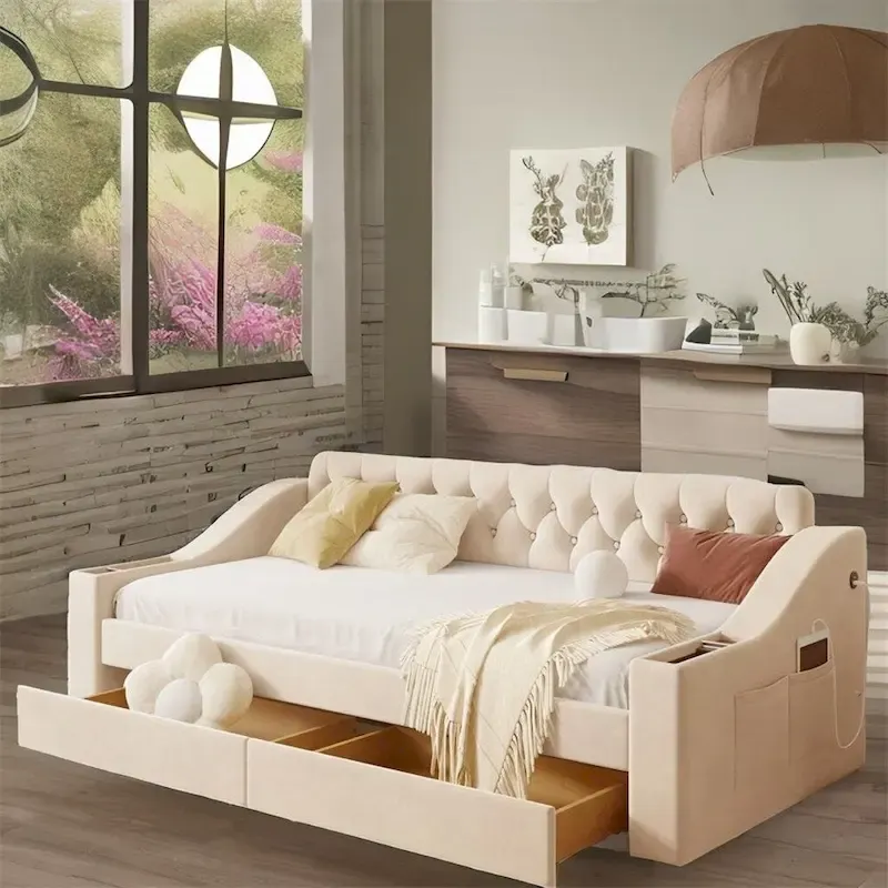 Twin Size Velvet Upholstered Daybed with Storage Armrests and USB Port