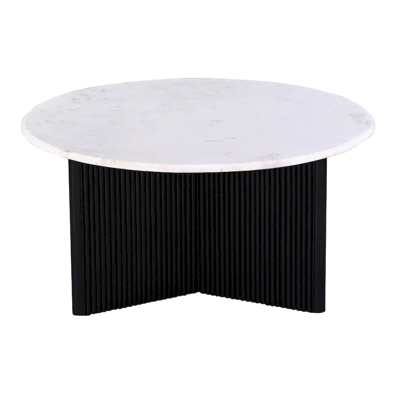 White Marble Top Pedestal Coffee Table, Black Wood Base, 1-Piece