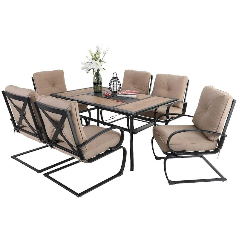 MAISON ARTS 7-Piece Patio Dining Set 6 Piece Cushioned Spring Motion Dining Chair with Armrest & 1 Patio Dining Table