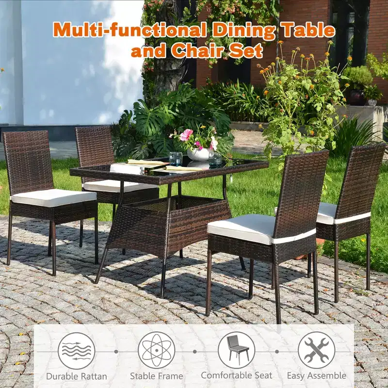 Costway 10 PCS Patio Rattan Dining Set Glass Table High Back Chair Garden Deck Mix Brown