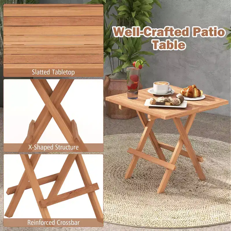 Costway 3PCS Patio Bistro Set Square Table Indonesia Teak Wood Folding Chair Slatted Tabletop Seat