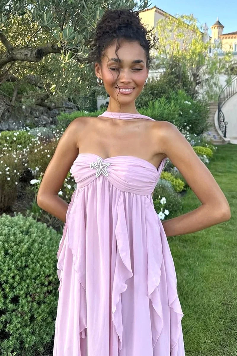 White Strapless A Line Chiffon Pleated Long Prom Dresses With Ruffles