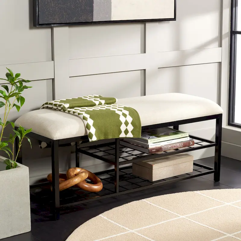 SAFAVIEH Yael Open Shelf Bench with Cushion - 42  W x 15  D x 18  H - 42Wx15Dx18H