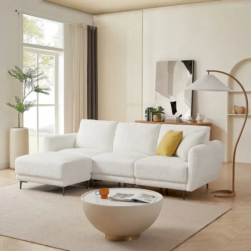 Convertible Sectional Sofa Couch, 3 Seat L-Shaped Sofa with Lamb Fabric, Movable Ottoman