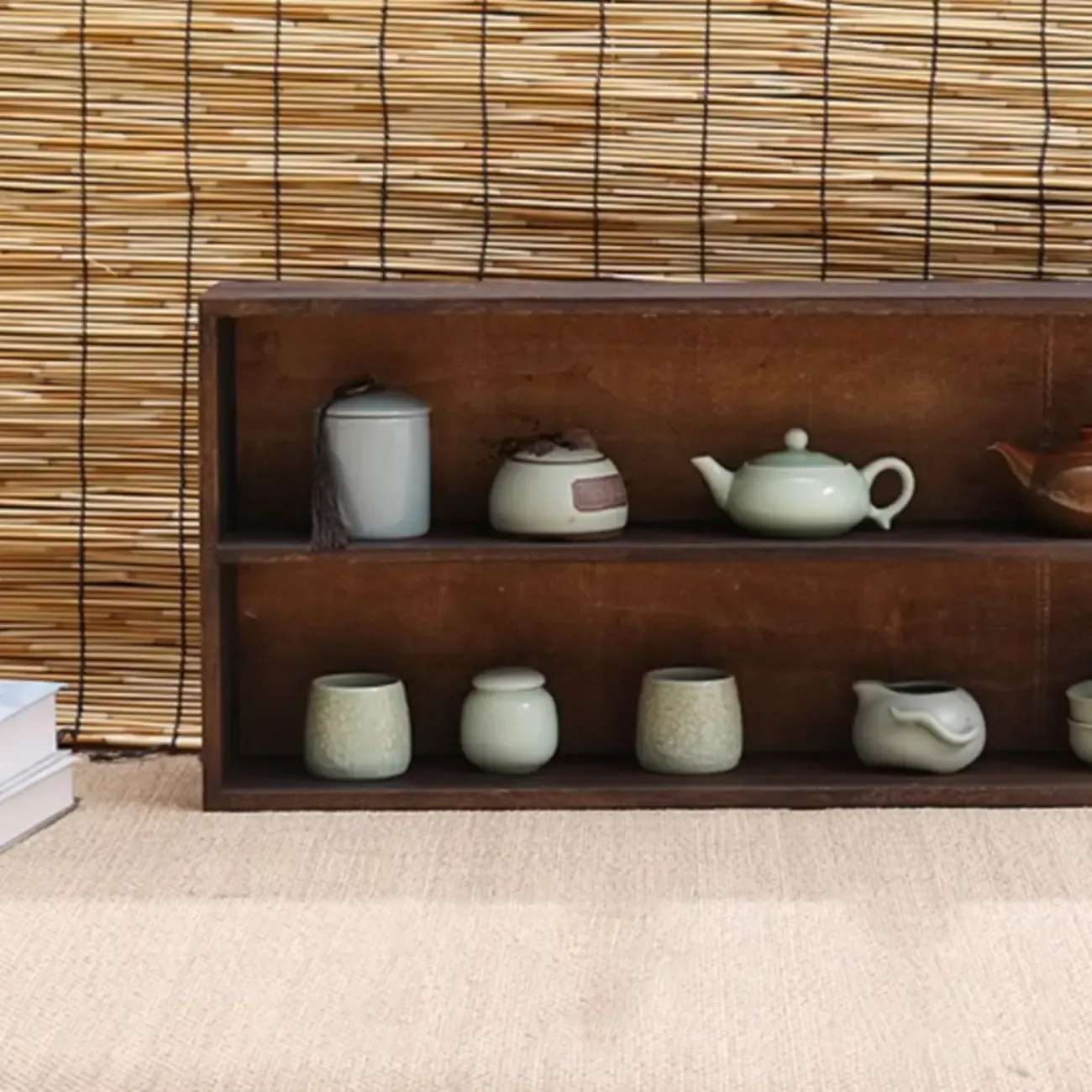 Traditional Long Brown Wood Wall Mount Open Display Cabinet