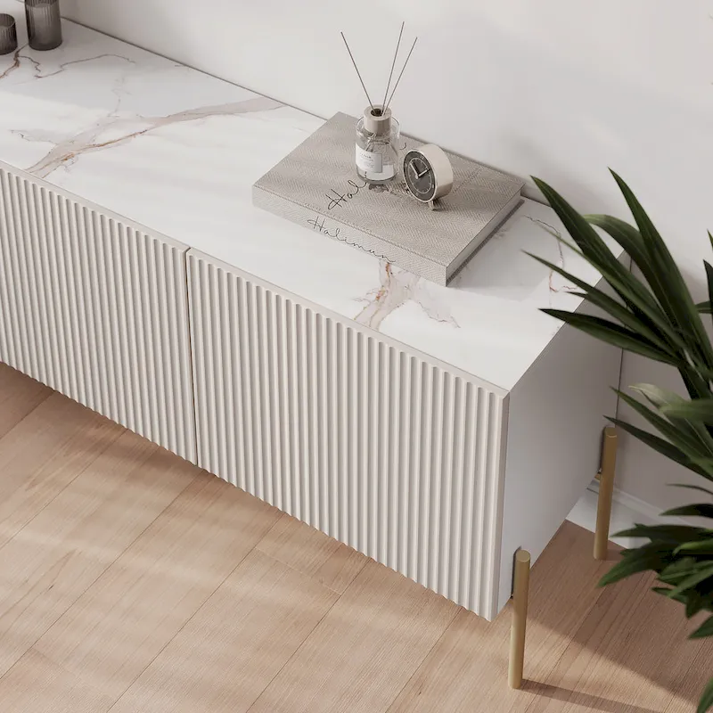 Beige TV Stand Console with Metal Legs – Art Deco Design, Fits TVs up to 65 in.