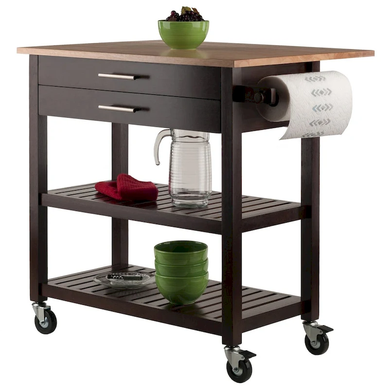 Langdon Kitchen Cart, Drop Leaf, Cappuccino and Natural - 36.57 x 26.42 x 34.45 inches