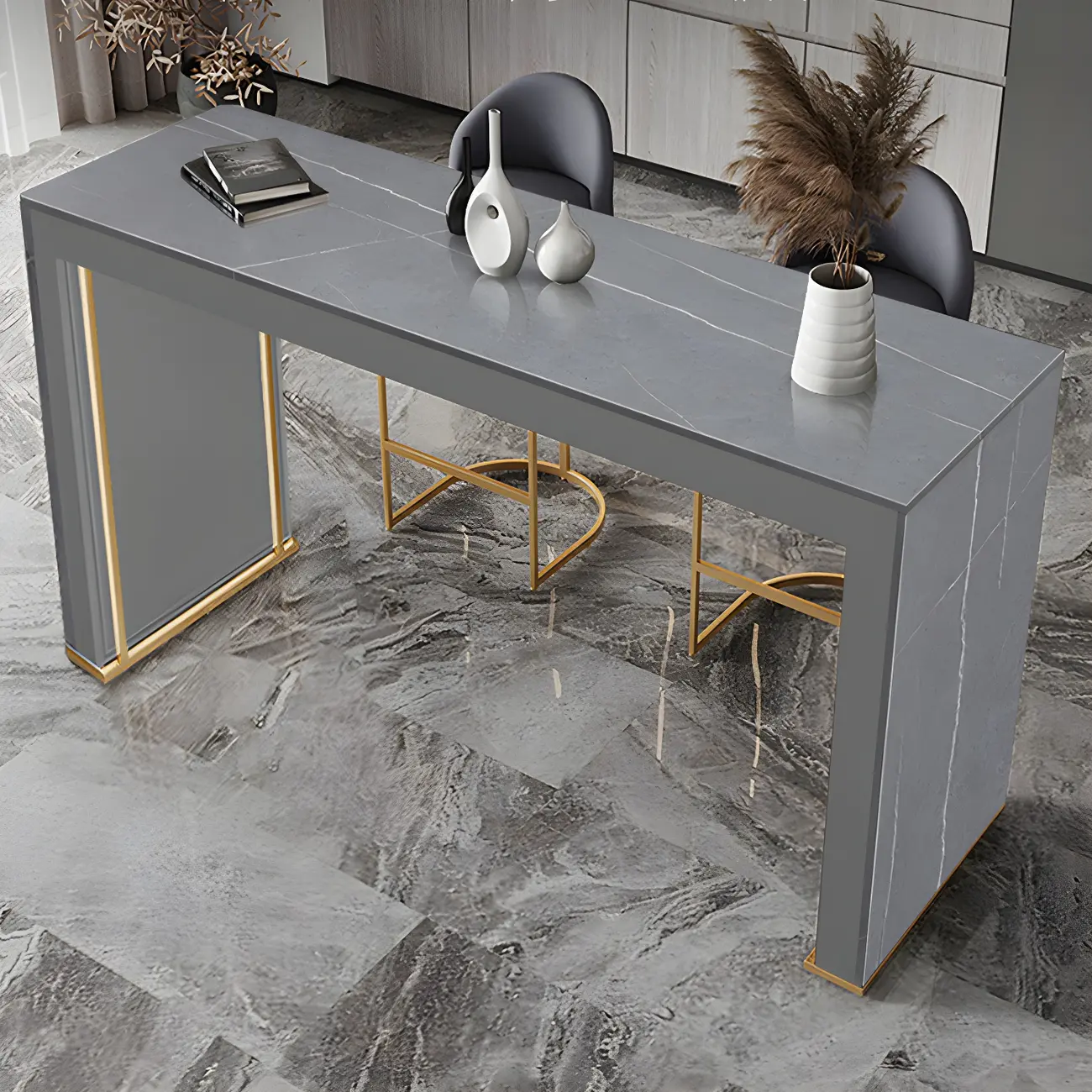 Modern White Stone Top Wood Dual-Pedestal Bar Tables