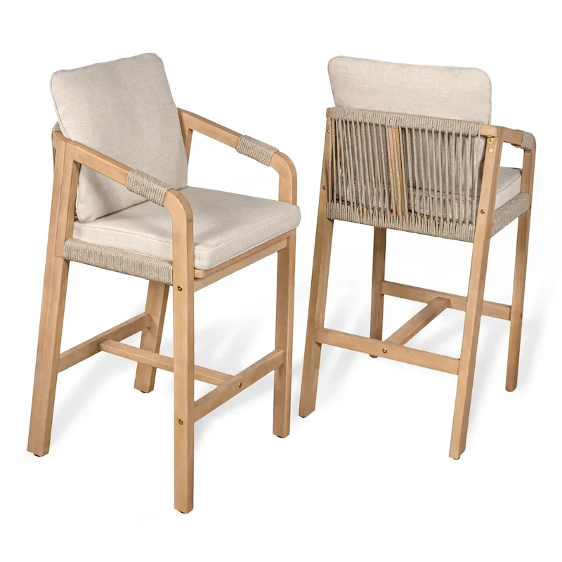 Annecy Modern Coastal Tub Roped Acacia Wood Outdoor Bar Stool with Cushions and Armrests, (Set of 2) by JONATHAN Y