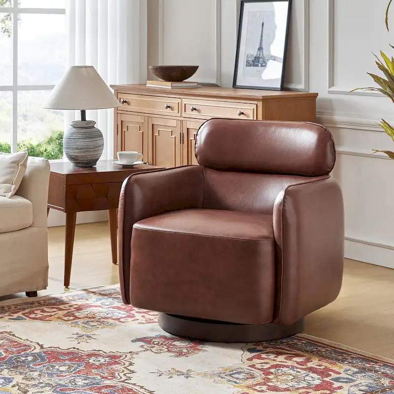Raphael Modern Swivel Genuine Leather Barrel Chair