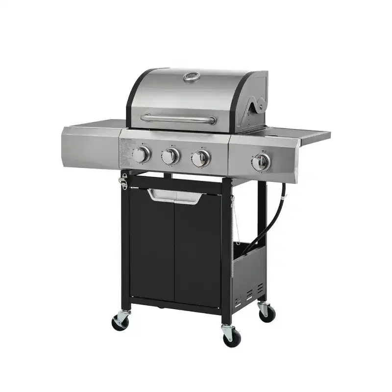 Okak Stainless Steel Propane Grill with 3/4 Burners, Bbq Grill with Side Burner and 2 Cabinet Doors, Outdoor Grill for BBQ, Camping