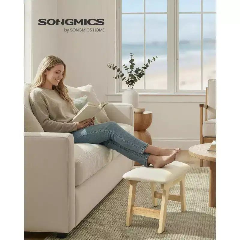 SONGMICS Foot Stool Ottoman, Padded Foot Rest Vanity Stool Under Desk with Solid Wood Frame