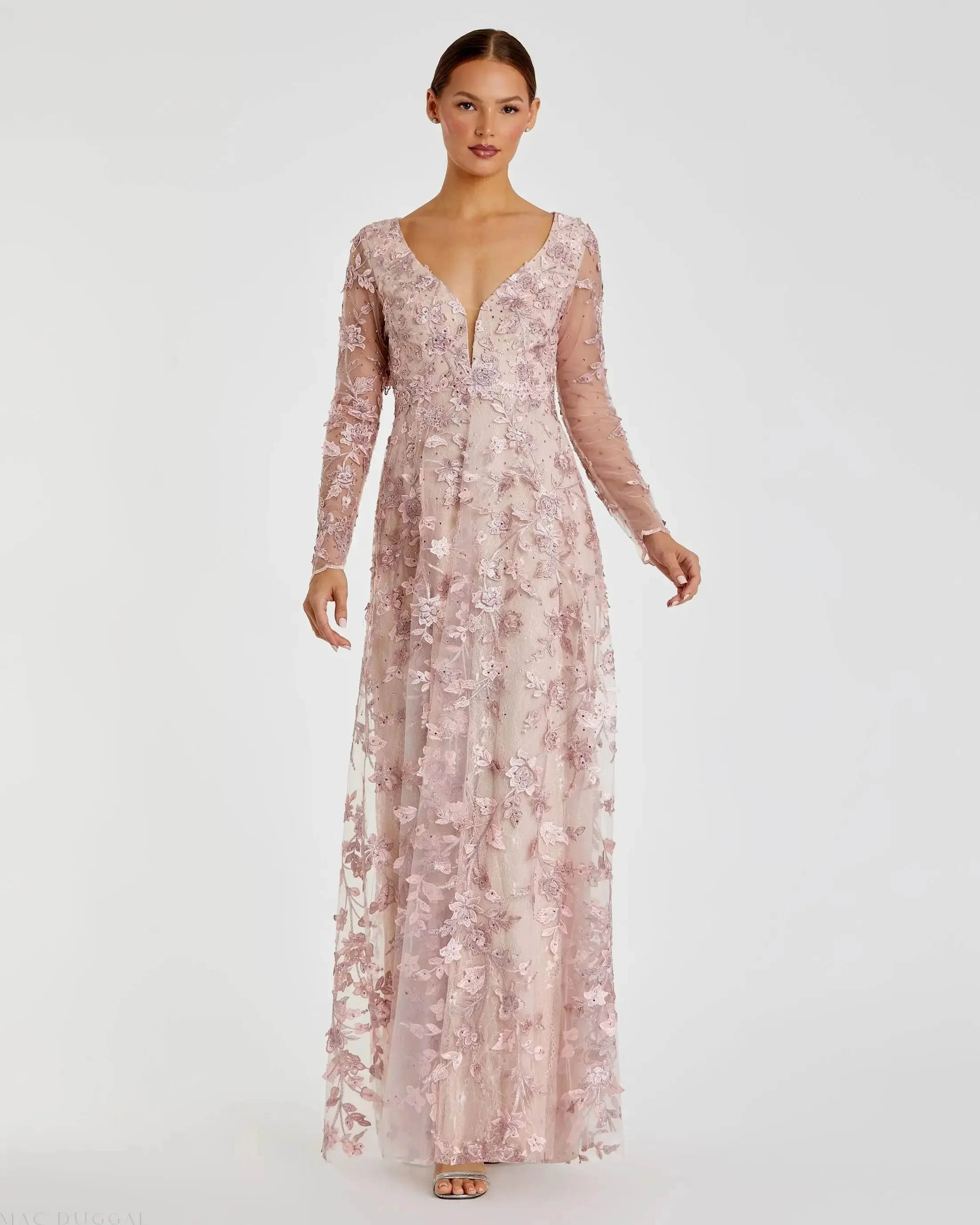 Floral Applique Long Sleeve Illusion Gown