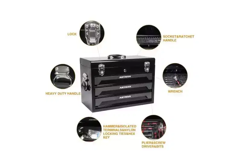 Heavy-duty steel tool cabinet with 3 ball-bearing drawers and top storage bin - Lockable design for garages, workshops, and warehouses black