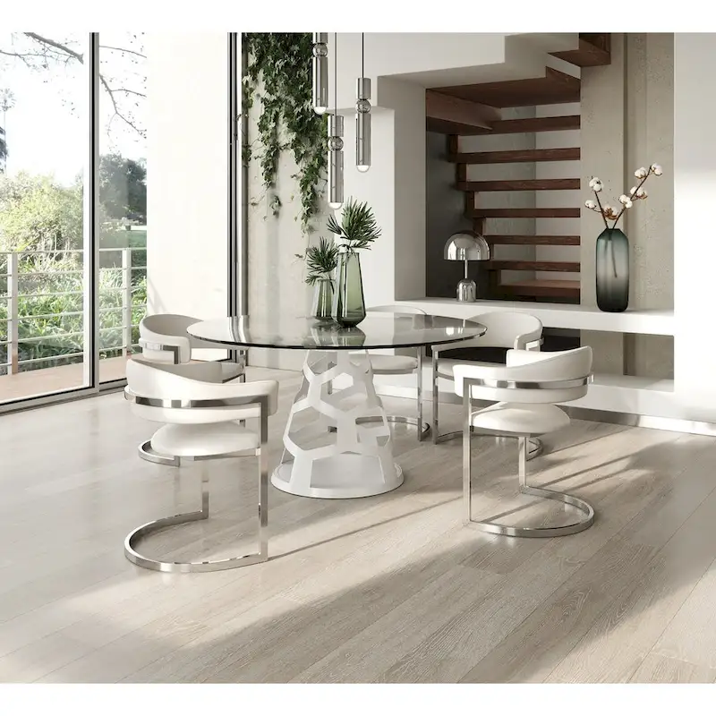 Modrest Lilly Modern 12mm Round Glass & White Dining Table
