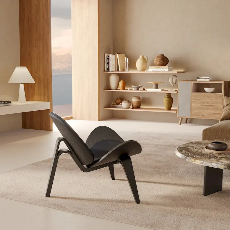 Mid-Century Style Shell Chair Upholstered Leather Lounge Chair