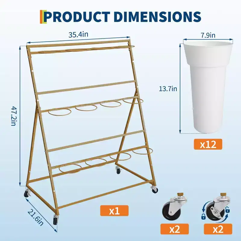 Flower Display Stand,3 Tier Flower Cart with 12 Round Buckets and Wheels, Moving Flower Cart Display Stand