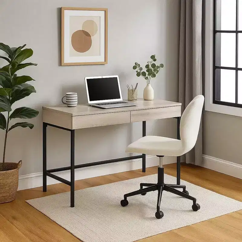 Royal Hampton Wooden Desk with 2 Drawers and Metal Frame, Washed White and Black