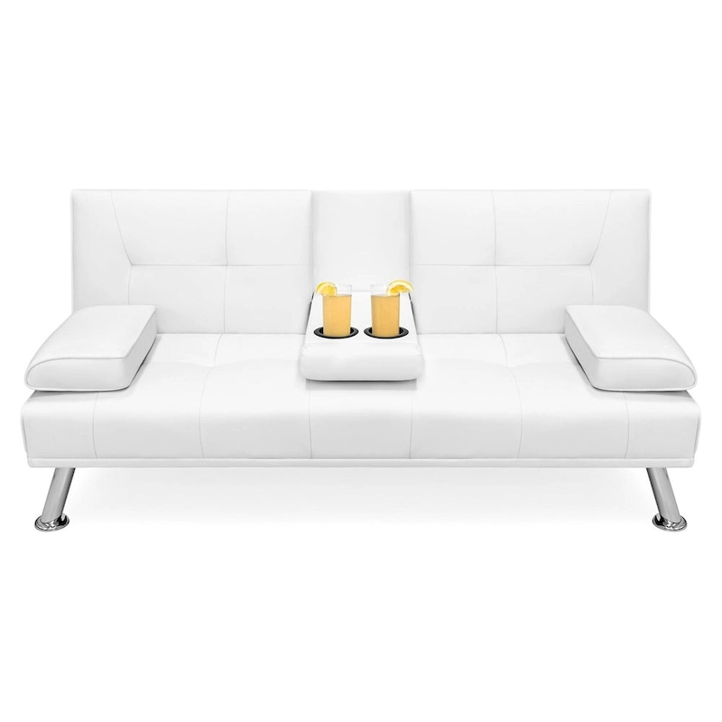 White Faux Leather Convertible Sofa Futon with 2 Cup Holders