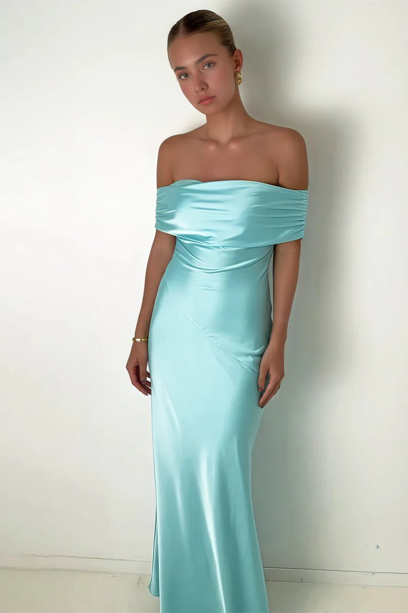 Aqua Sheath Off The Shoulder Satin Long Prom Dresses