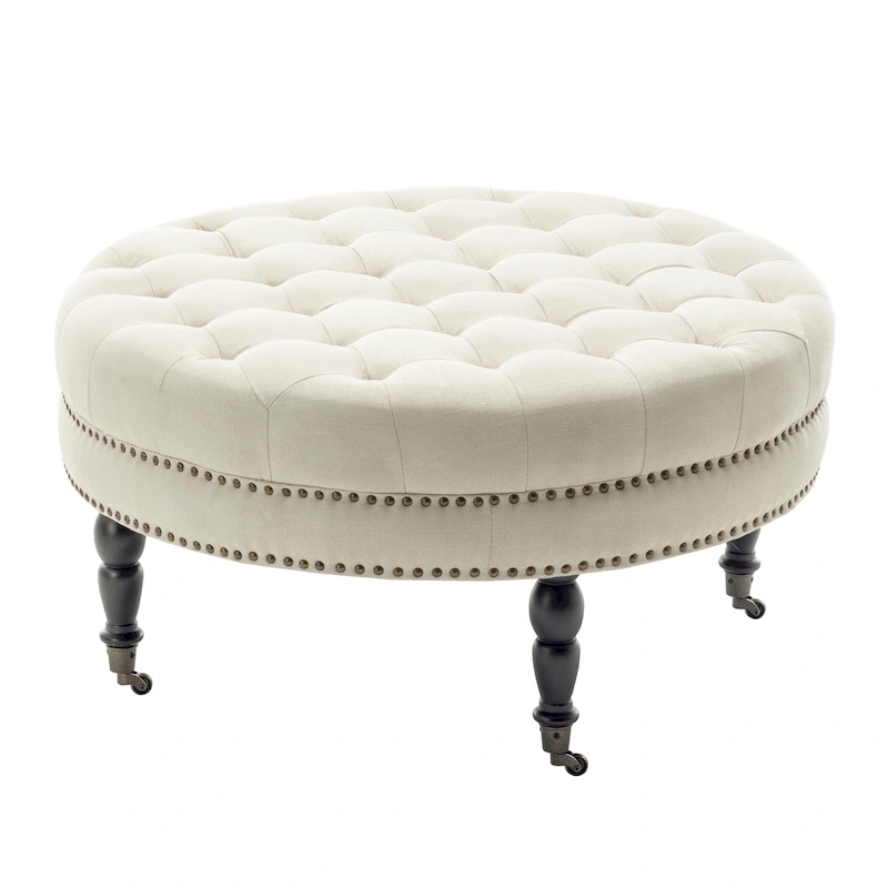 Porthos Home Indy Fabric Round Cocktail Ottoman with Rubberwood Legs and Wheels