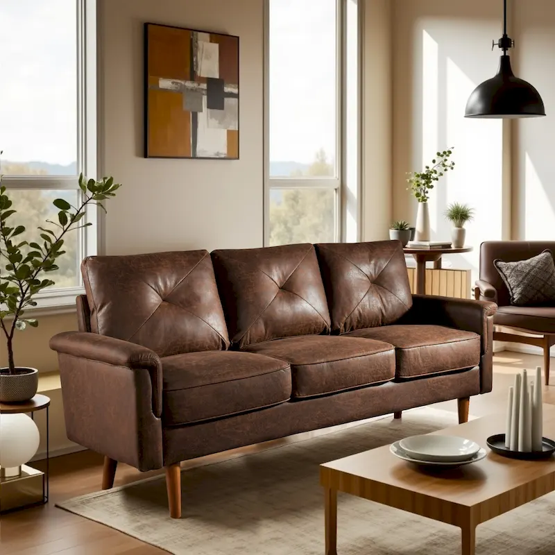 Mid-Century 3-Seat Upholstered Sofa with Wood Legs